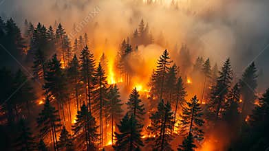 A vast forest is consumed by a fierce wildfire, with tall trees silhouetted against the bright flames.