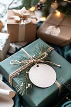 gift box with flowers with a round postcard mockup