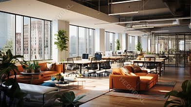An open plan office with flexible seating arrangements