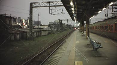 Still view at train station platform with empty passengers travelers