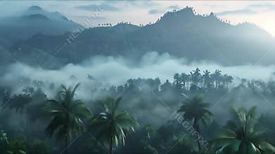 Panoramic view of beautiful rainforest. Beautiful sky, mountains and jungle. Aerial view. Prehistoric earth. Ai