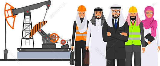 Arab Muslim Businessman in Traditional National Clothes, Engineer in Work Uniform and Safety Helmet and Oil Pump in Flat