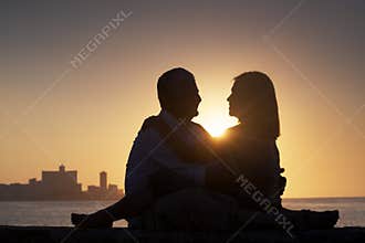 Active retired people, romantic elderly couple in love, kissing