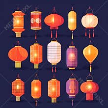 Set of Chinese lanterns in flat style