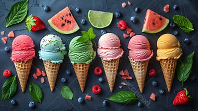 summer clipart set, a bright clipart set featuring happy ice cream cones, juicy watermelon slice, and tropical palm tree