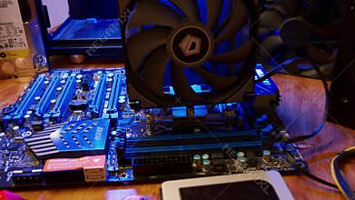 Modern motherboard close up. Building personal gaming pc. Minsk, Belarus - April 7, 2024