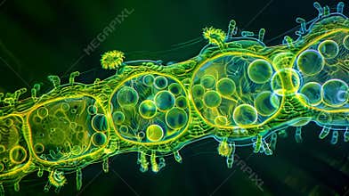 A microscopic view of a chloroplast during photosynthesis showing the transfer of electrons between photosynthetic