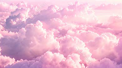 A sky glowing pink with numerous fluffy clouds scattered across, A dreamy pink sky with fluffy clouds