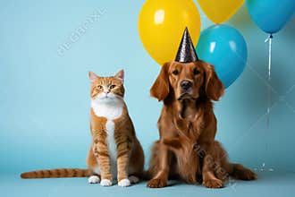 Cute adorable birthday red dog in party hat with kitten cat sitting on blue background with balloons