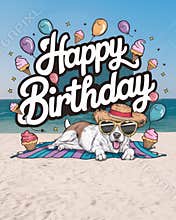 Happy Birthday Beach Celebration with Cartoon Dog, Ice Cream, and Balloons