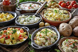 Fresh Homemade Potato Salads Assortment on Rustic Table