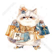 A cute cat is holding a bunch of shopping bags and a hat. The cat is wearing a scarf and he is enjoying the shopping