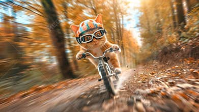 Cat riding a bicycle with goggles through an autumn forest
