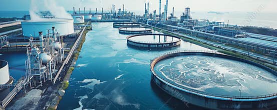 Industrial wastewater treatment plant with large circular tanks. Pipes and structures visible in background under clear