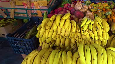 Mexican vegetable market. Bananas, mangoes, oranges, corn. Fruits and vegetables.