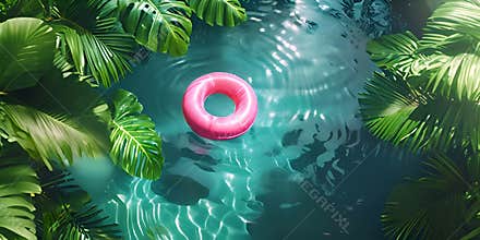 Aerial view of a pink swim ring floating in a vibrant blue pool surrounded by dense tropical plants