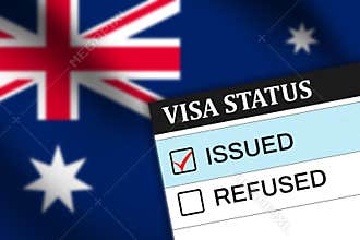 Visa status showing issued with Australia flag waving in the backdrop. Austrlia visa issued background concept