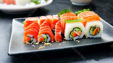Japanese set Salmon and Vegetable Sushi Plates on Black Plate