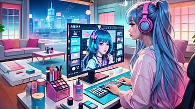 Fashion girl live streaming about cosmetics, beauty blogger influencer concept. Anime lo-fi style footage