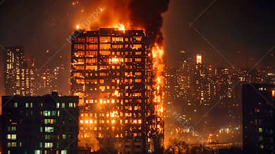 A heartbreaking scene unfolds as a building is consumed by fire in London during the nighttime, Heart-wrenching sight of a burning