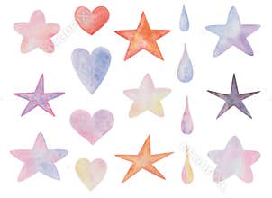 Watercolor hand painted colorful stars, hearts, water rain drops isolated on white. Red, blue, orange, yellow, pink, purple, black
