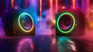 Two vibrant speakers pulsate to rhythm of music with neon lights glowing in darkness. Sound waves, night parties