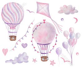 Watercolor illustration of hand painted pink purple air balloons, kites, birds, hearts, stars, clouds isolated on white. Clip art