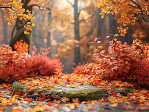 Podium background autumn forest product 3D platform nature scene display. Autumn forest podium background product stage