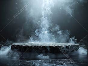 Podium black dark smoke background product platform abstract stage texture fog spotlight. Dark black floor podium