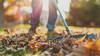 Man in blue jeans raking brown and yellow fall leaves in a yard with a metal rake on a sunny autumn day, surrounded by