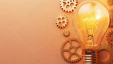 Close-up of a glowing light bulb with spinning gears, symbolizing innovation, creativity, and mechanical inspiration