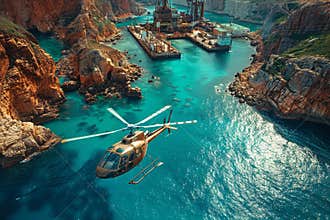 Helicopter landing on sunny day at oil platform helipad aerial view from above