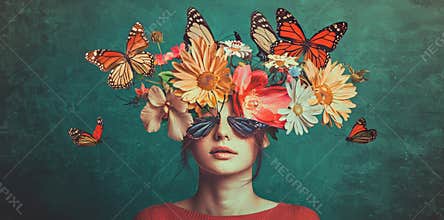 Concept art with a butterfly and flowers lifestyle concept, mental well-being, self-care, healthy habits, and generative