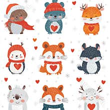 A collection of cartoon animals with hearts on their faces, including a bear