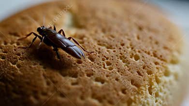 Cockroach on baked goods, Insect on a bakery product, Insect on a bun