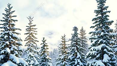 Sunlight filters through snow-covered pine trees in a magical winter landscape, evoking wonder and awe