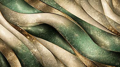 Elegant background with green and gold glitter stripes flowing in a wave pattern. Perfect for websites, social media, or