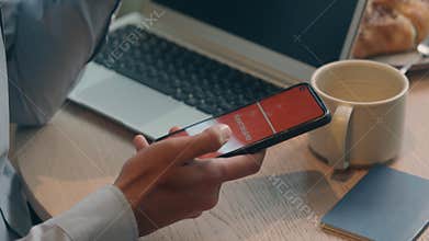 Unrecognizable man sad displeased guy hold cellphone cancel flight message delay notification on phone male businessman