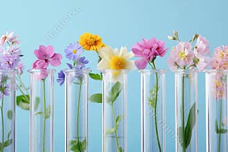 Colorful flowers in test tubes against a blue background