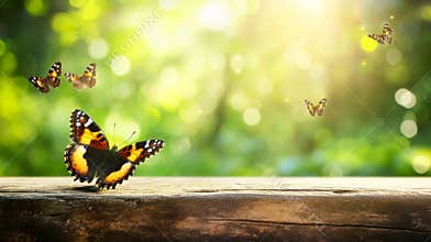 A detailed shot of a weathered, empty wooden table with a blurred butterfly in a lush green garden behind it.
