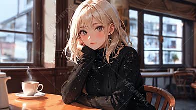 Cute anime girl with blonde hair sitting in a fancy cafe with a cup of coffee, music background, loop animations