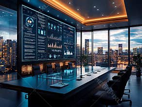 Modern executive board room with a high-tech design, large curved screen for presentations and data analytics