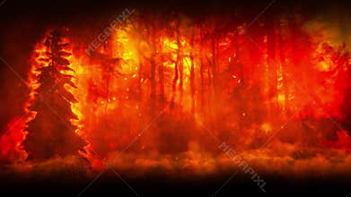 Trees Consumed by Flames and Shrouded in Thick, Rolling Smoket