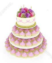 Wedding celebration cake with cupcakes