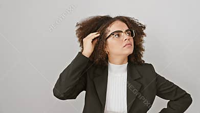 Pensive hispanic woman with curly hair stands in uncertain thought, wondering, confused with a question on isolated white