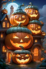 A miniature village built of hollowed-out pumpkins, cheerful pumpkins grinning with welcoming faces, night scene, cute, horor