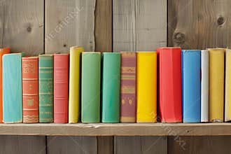 wooden shelf with row of colorful childrens books