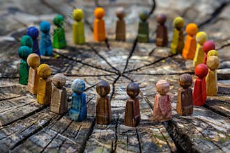 Diversity equity and inclusion concept. People figures in the circle. Team work, diverse culture. Copy space and