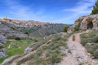 Sassi of Matera skyline from The Murgia Materana Park in southern Italy: detail of tipycal cave house.