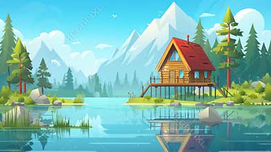 An animated cartoon of a forest lake house next to a mountain. A summer hut is perched on a stilt near a pond and a pine
